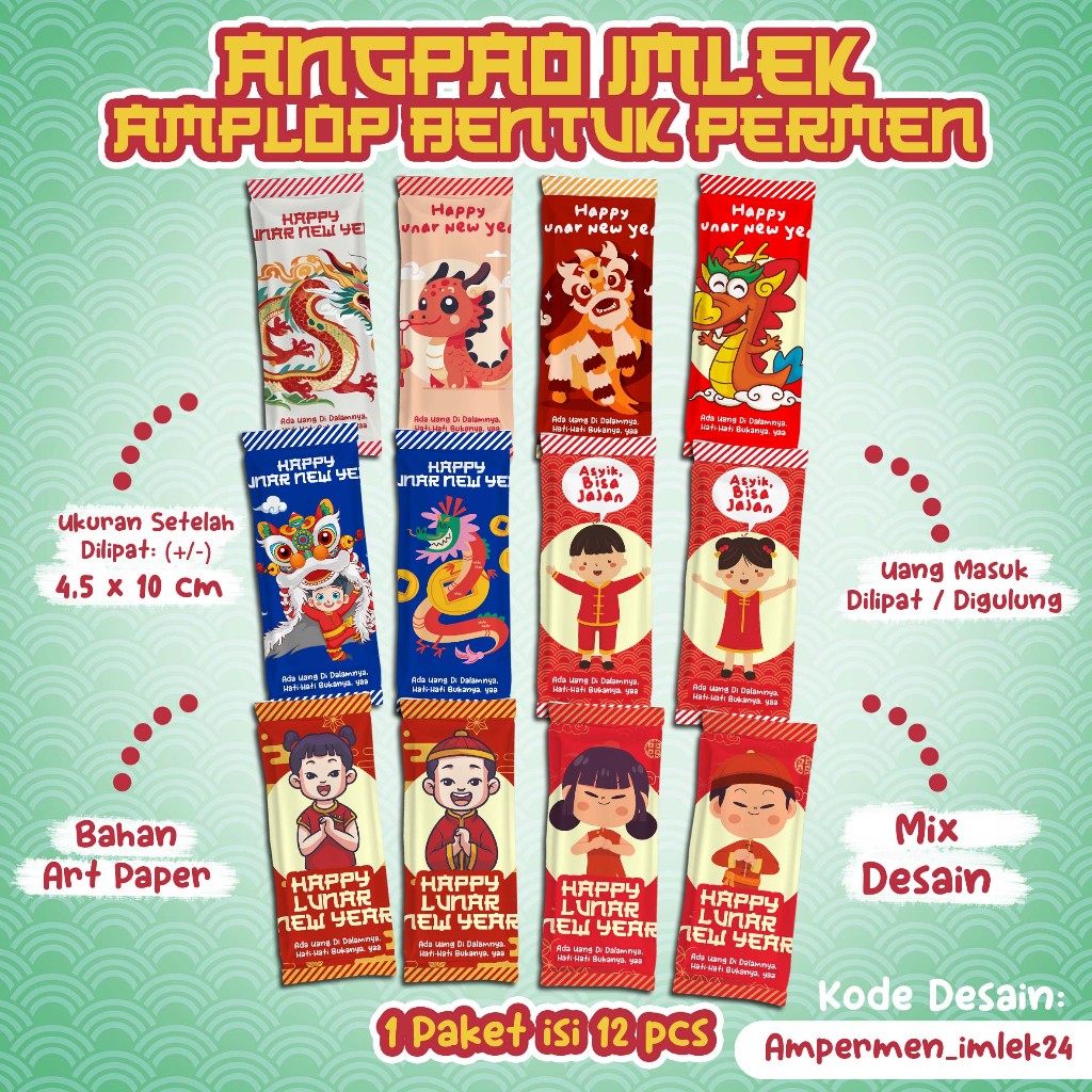 

1 paket isi 12 pcs - AMPLOP THR / Amplop Uang / Angpao Lucu - BENTUK UNIK Bentuk Permen Lucu - Tema IMLEK TAHUN NAGA