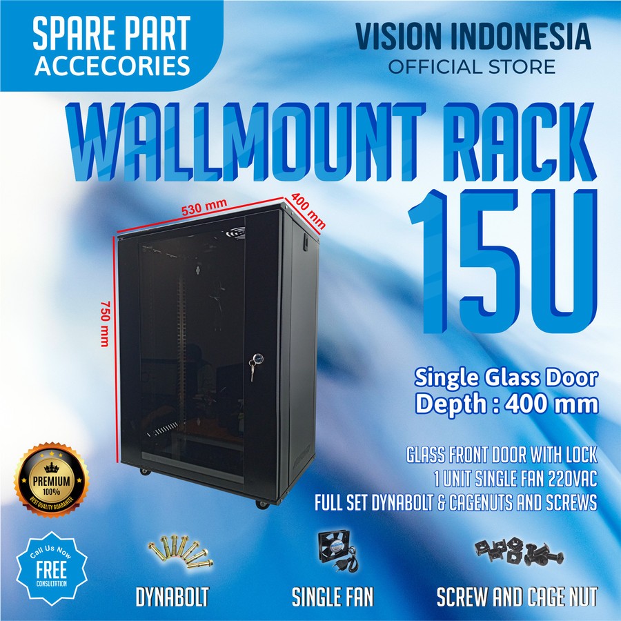 Wallmount Rackmount 15U, Rak Server Single Door 15U Kecil
