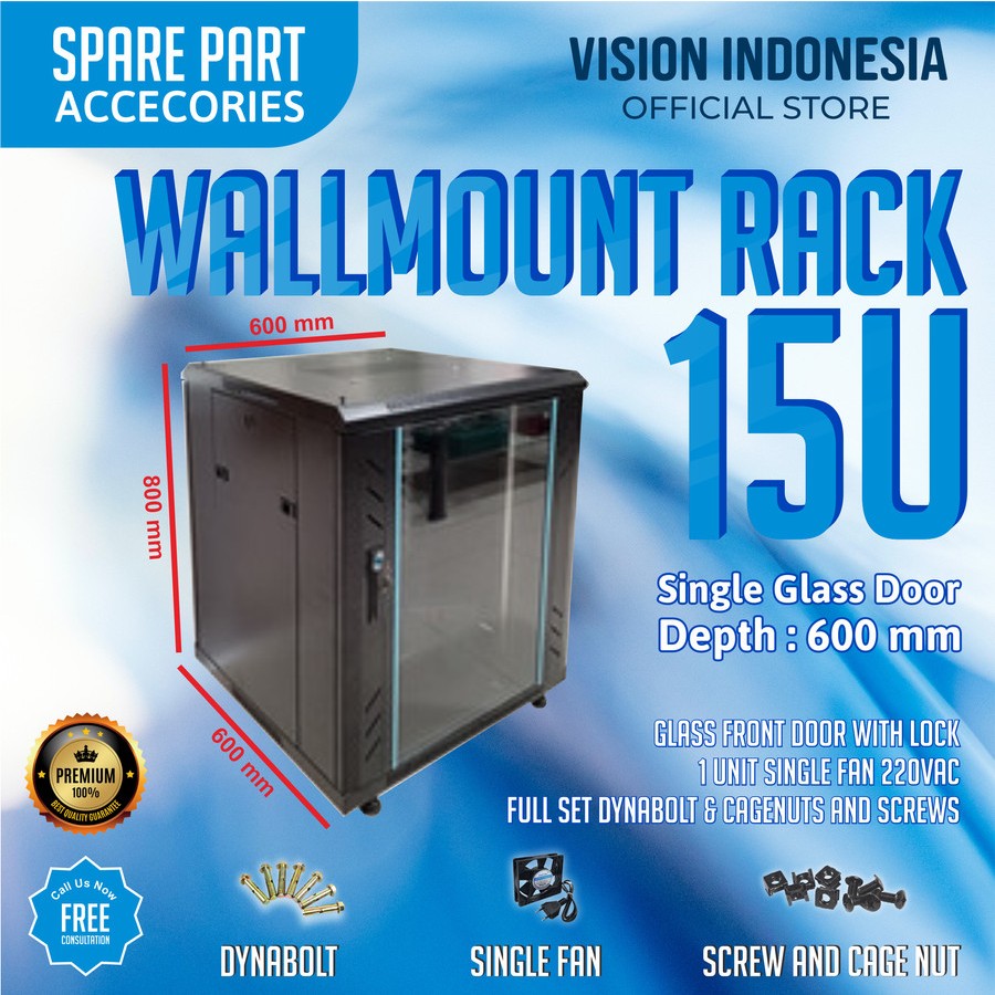 Wallmount Rackmount 15U, Rak Server Single Door 15U Besar