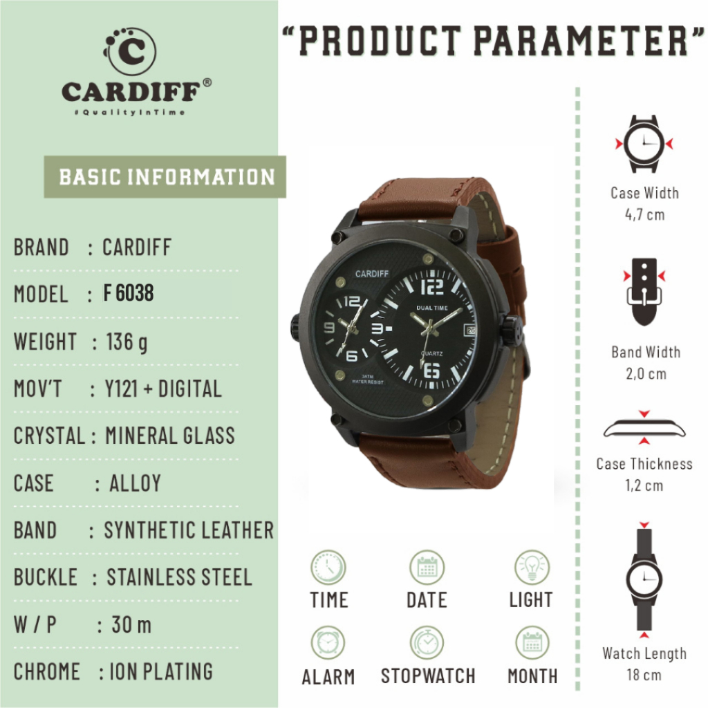 WTT CARDIFF Jam tangan pria analog kulit F 6038 Leather waterproof