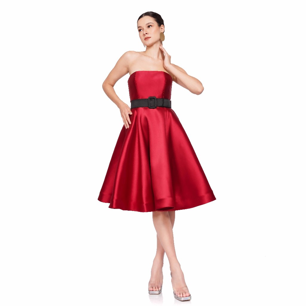 Yosafat Dwi Kurniawan Red Belted Tube Dress with Flared Skirt