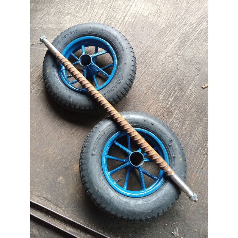 roda gerobak kecil ukuran ring 8 set lengkap besi as panjang