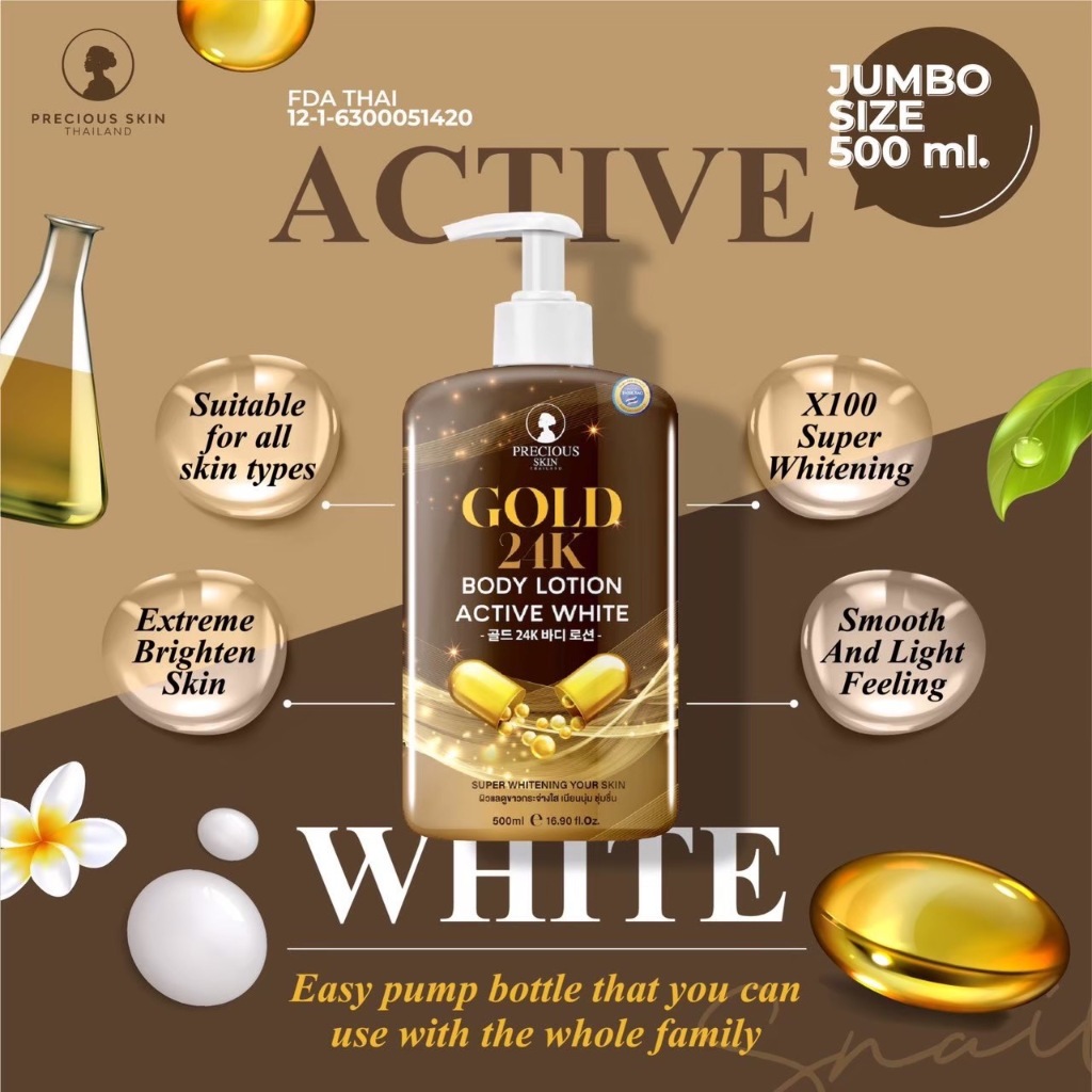 Precious Skin Thailand Gold 24K Body Lotin Active White 500ml / Whitening Lotion / HB Dosting