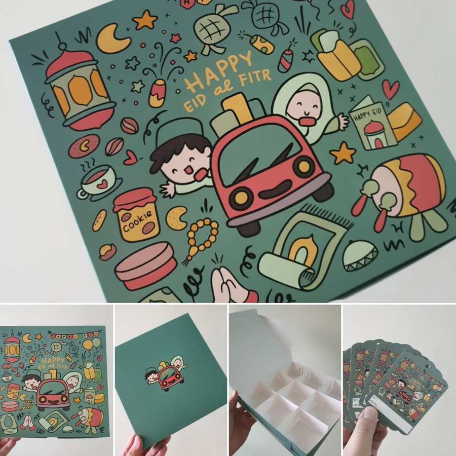 

( 12 pcs ) Dus Hampers Kotak Kue Eid Mubarak Box Parcel Sekat 9 + Tag Kardus Packaging Design Happy Eid
