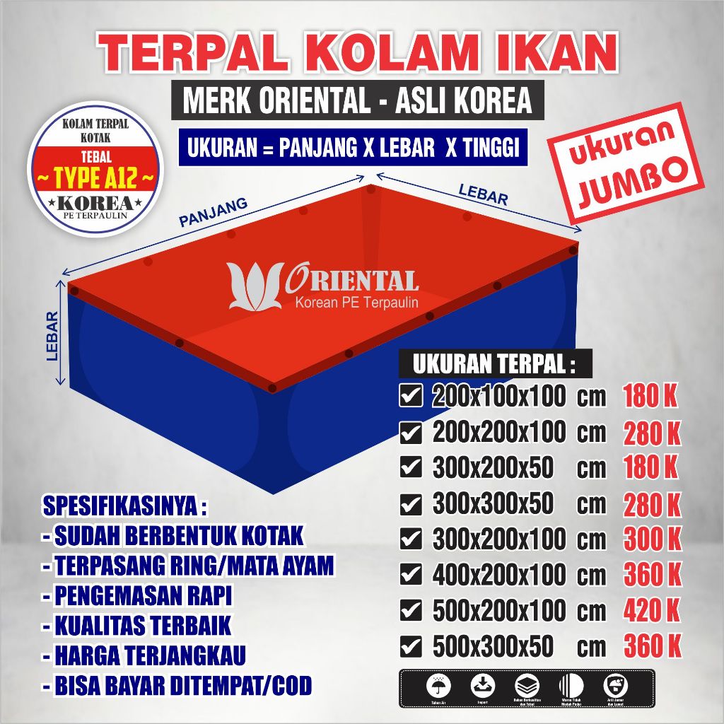 Kolam Terpal Ikan TAMBAK Type/Ketebalan A12 (UKURAN BESAR) ASLI Korea Terpal Kolam Ikan Kotak Terpal