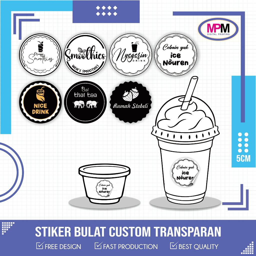 

Cetak Stiker Transparan 5 cm potong BULAT Label Nama Minuman Skincare Makanan