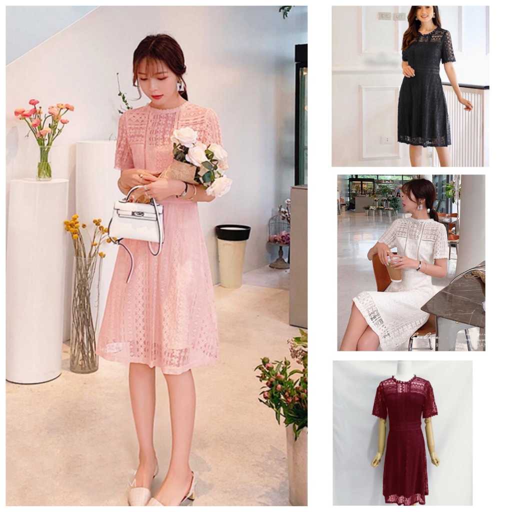Midi dress brokat lace Korea pink hitam putih merah maroon tf11597