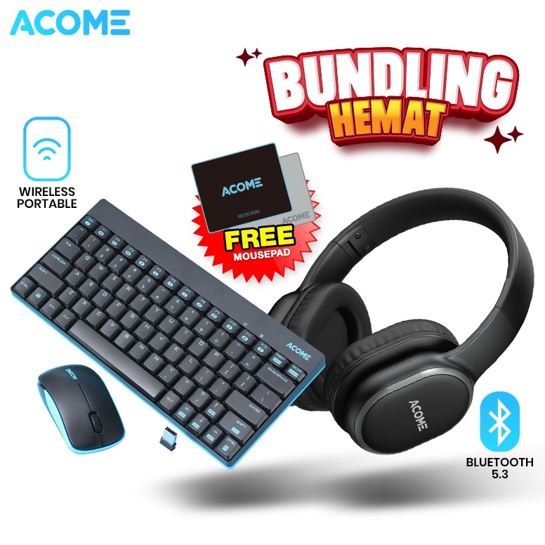 KODE O2B6 ACOME Special Bundling Keyboard Mouse Kombo AKM2  ACOME Tune H2 Headphone Bluetooth 53  Headset Earphone Wireless Dual EQ Mode Foldable  Free Mousepad AMP1  Garansi Resmi 1 Tahun