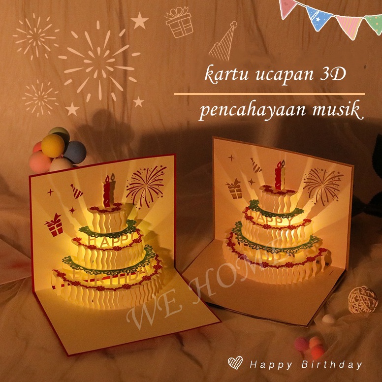 el Keren newLivi Kartu Ucapan Pop Up 3D ada lampu dan musik Tulisan Happy Birthday dengan Amplop 85