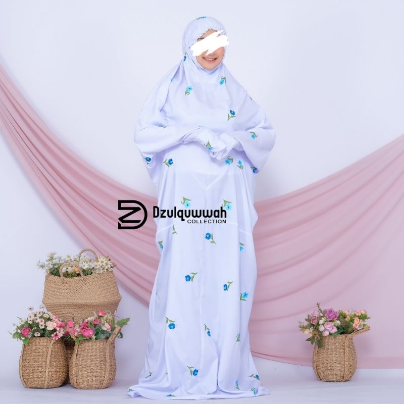 Mukena Terusan Dewasa Putih Bordir Bordir Bunga Petunia Jumbo
