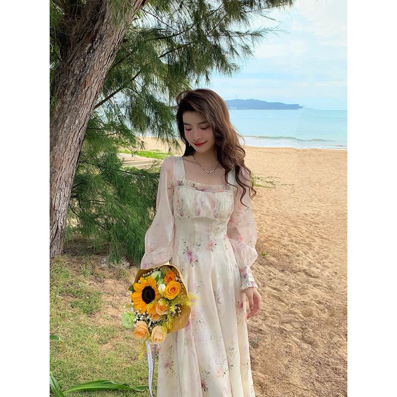 Towada Dress Floral Summer Spring Vintage Beach Casual Sweet Street Holiday Long White Gaun Wanita P