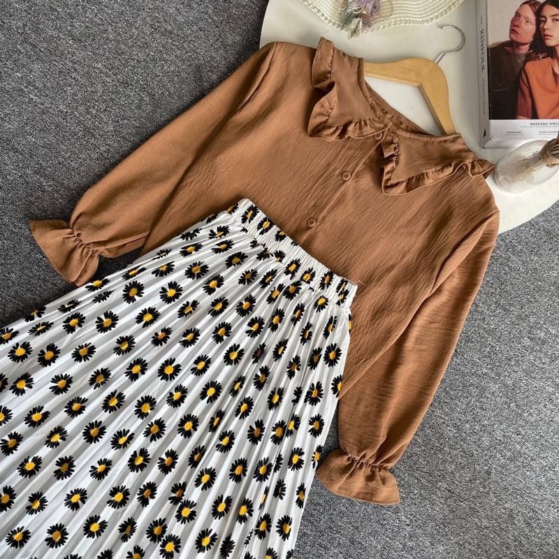 STELAN KEMEJA COKLAT + ROK FLORAL KOREAN STYLE