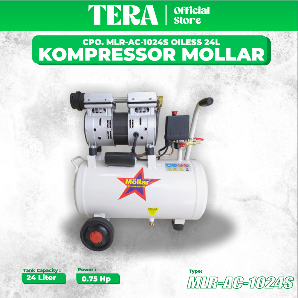 MOLLAR Mesin Kompresor Angin Silent Oilless 3/4 HP 24 Liter MLR-AC1024S Compressor Silent Oilless 3/