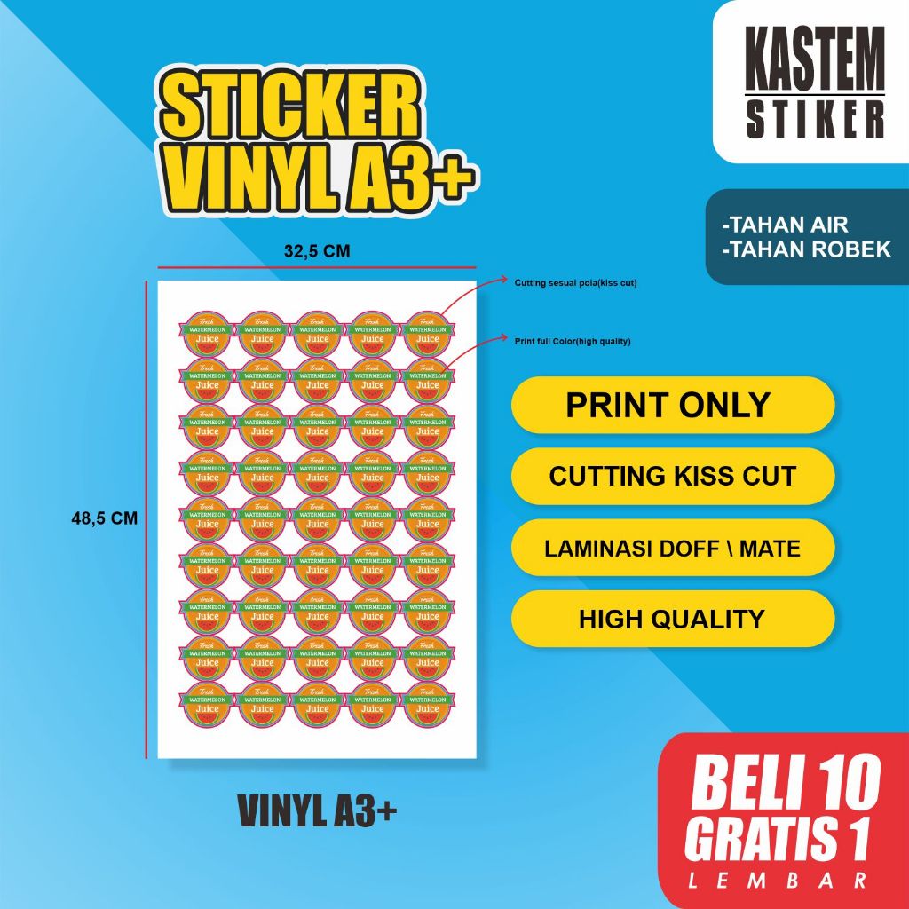 

Cetak Stiker Vinyl A3+ Cutting sudah lminasi dan cutting sesuai pola Stiker Custom Desain Custom Ukuran Bahan Vinyl Hologram Vinyl Putih Vinyl Transparan Stiker Craft