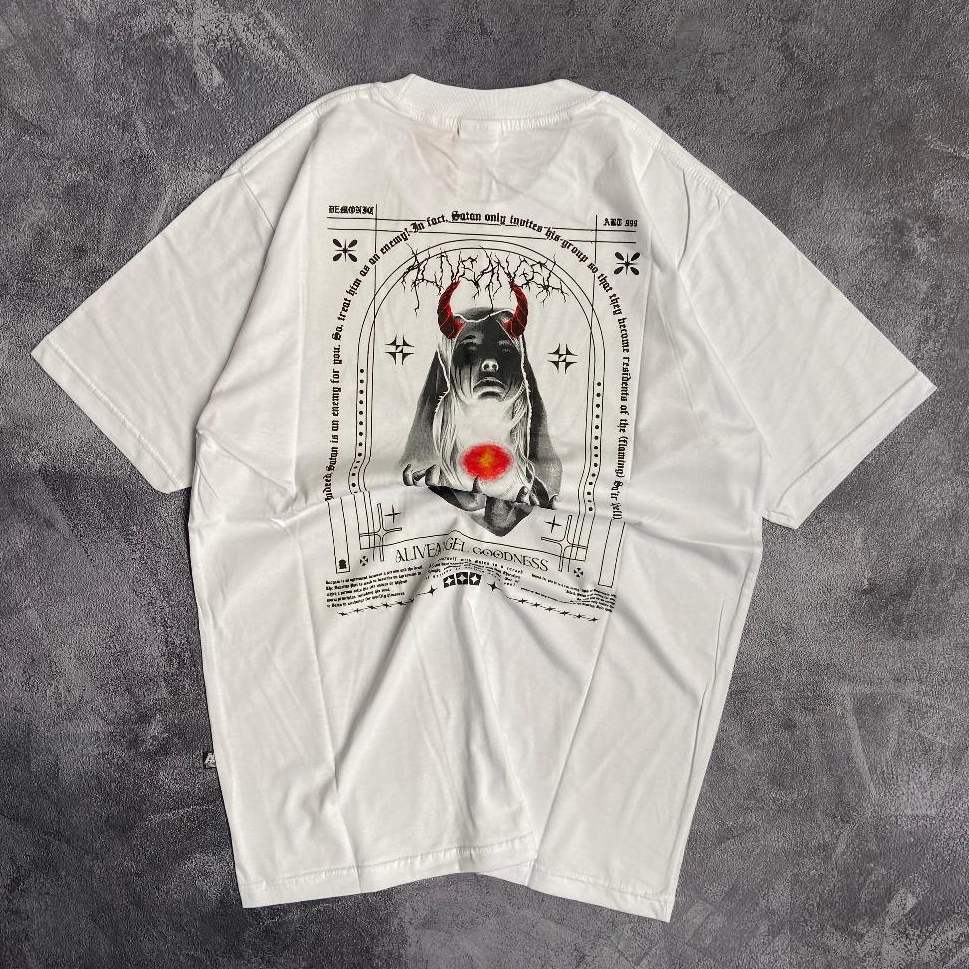 KAOS PUTIH DEMONIC SATANIC 666 BAJU KAOS DISTRO PRIA ORIGINAL TSHIRT STREETWEAR MOTIF PLURALISME MET
