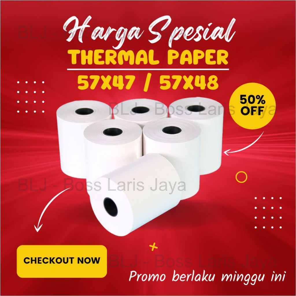 

KERTAS THERMAL STRUK KASIR PAPER ROLL 57X47 / 57X48 TERMAL POS RECEIPT MINI PRINTER BLUETOOTH 58MM MESIN CASH REGISTER 58X47 58X48 57X47MM 57X48MM