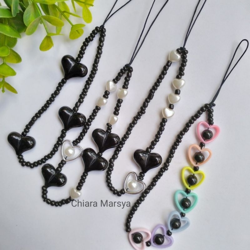 Strap HP warna Hitam / Strap Kristal Hitam / Gantungan HP Manik Hitam