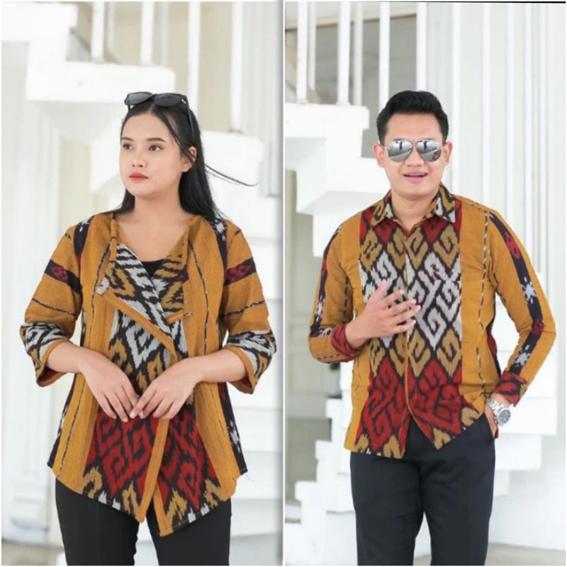 couple outer kemeja tenun ikat ethnic blanket jepara - baju tenun jepara
