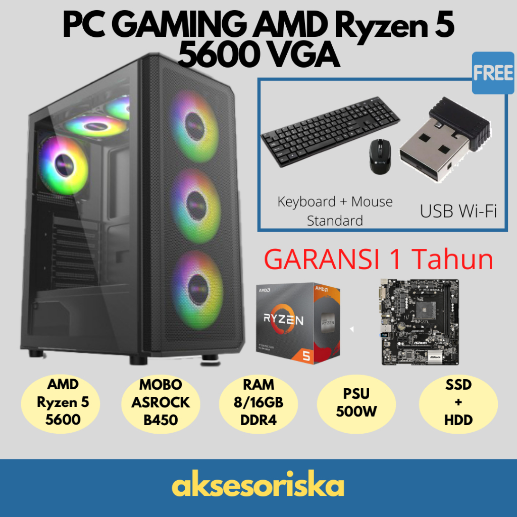 PC Gaming Paket CPU Rakitan Komputer AMD Ryzen 5 5600 VGA SIAP GAMING & Design