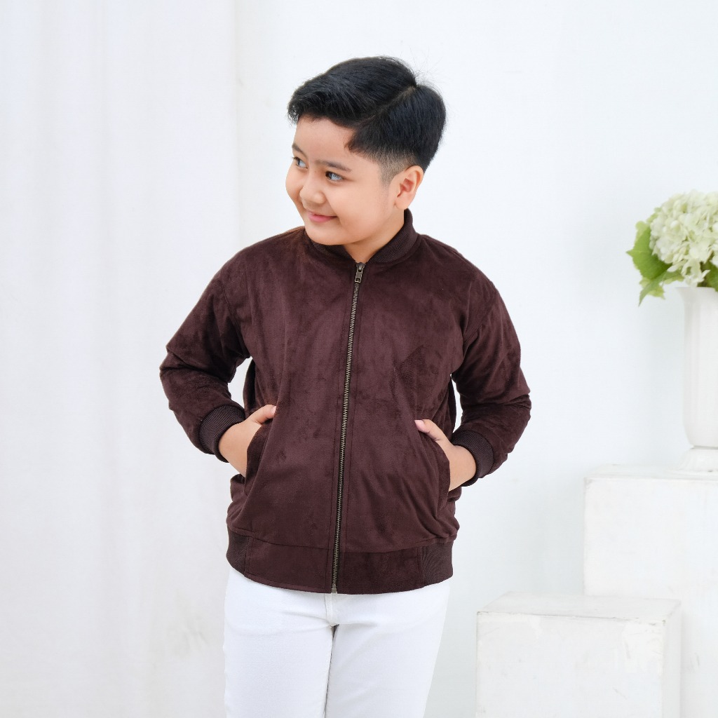 Brofash Jaket Bomber Kulit Suede Anak Laki Laki Umur 2 3 4 5 6 7 8 9 10 11 12 13 14 Tahun Brown