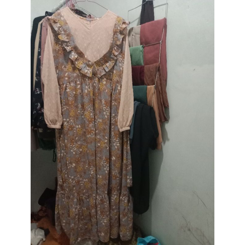 dress gamis bunga kombinasi dada rempel