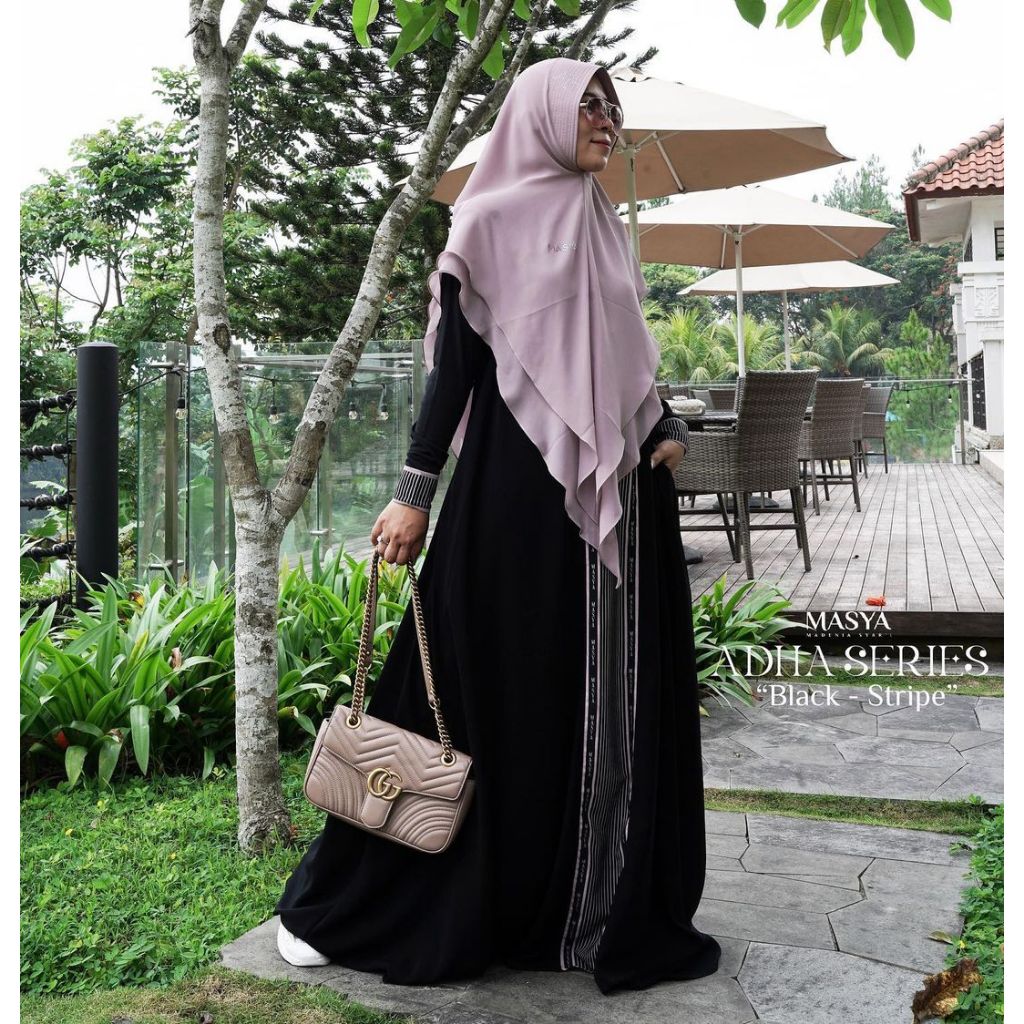 Set Baju Gamis Dress Hitam Jetblack Black Stripe Mewah Premium Ori Branded Masya Syari Original Terb
