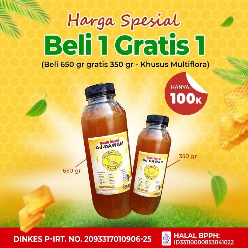 

Madu Ad-Dawam Harga Spesial Beli 650gr Gratis 350gr