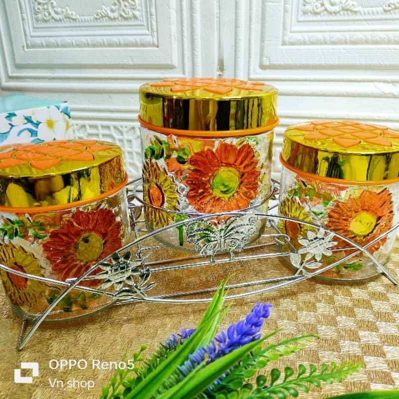 Toples kaca + rak stenlis isi 3 toples beling toples kue