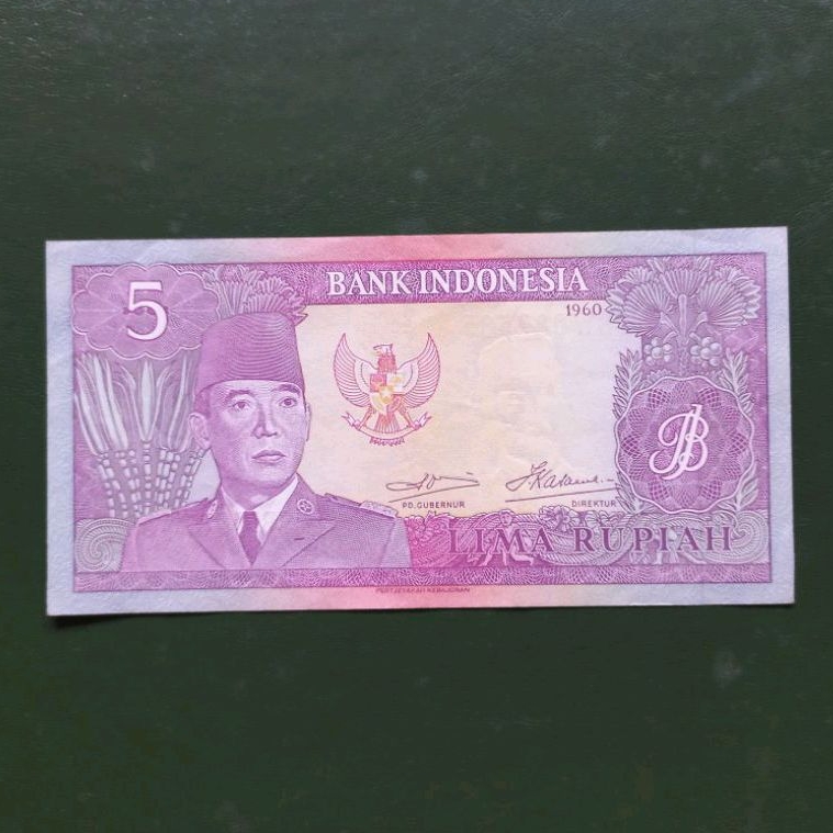 Uang kuno kertas  5 rupiah Soekarno tahun 1960