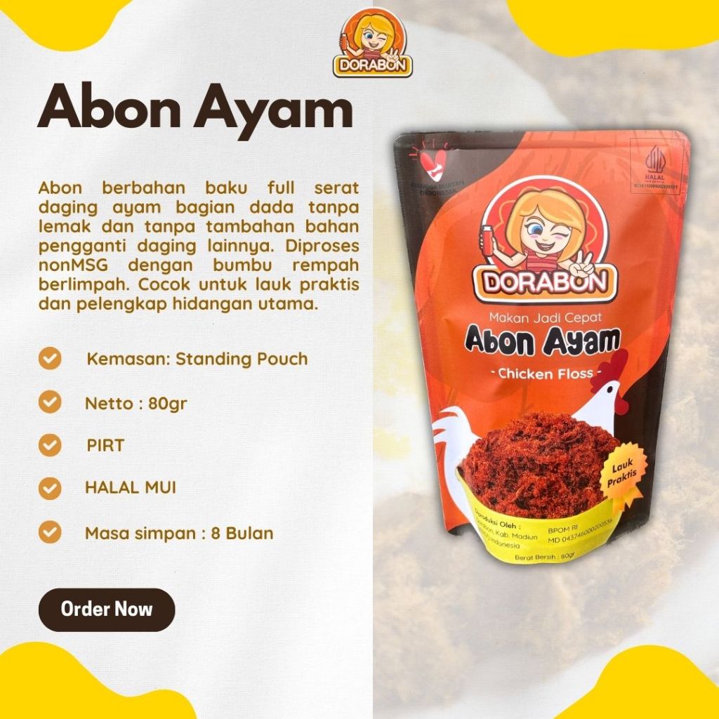 

ABON AYAM PREMIUM DORABON 80 GRAM KEMASAN POUCH