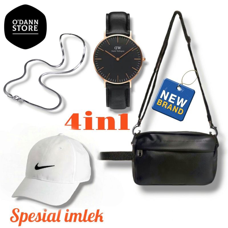 PAKET SPESIAL IMLEK- TAS HANDBAG SALEMPANG KULIT TOPI TRACKER JAM DW KULIT KALUNG TITANIUM