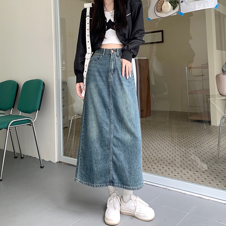 Booming Emily RokRok Midi Denim Fashion Rok Aline Highwaist Biru Retro