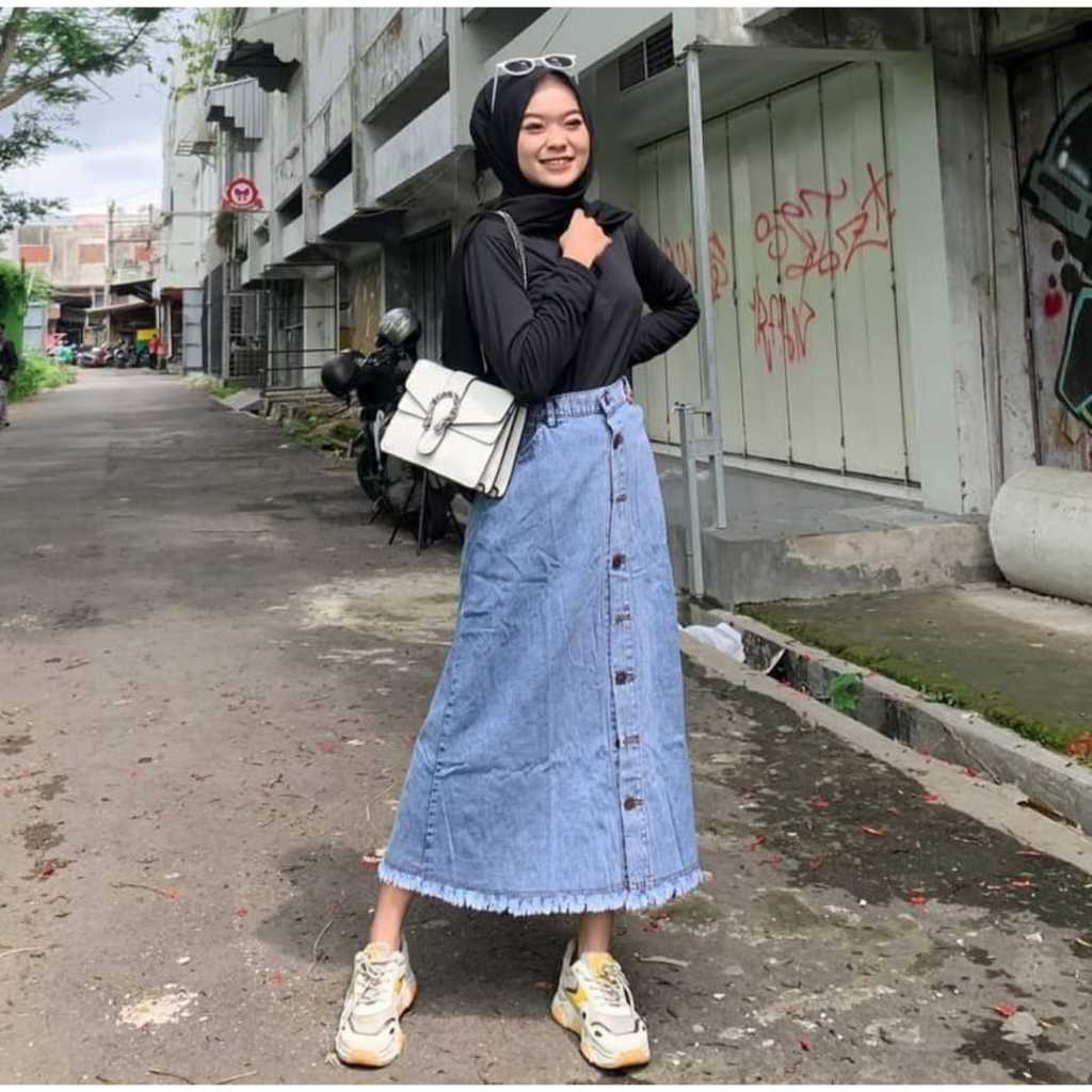 ROK SPAN JEANS PANJANG MAXI SKIRT BUTTON - ROK JEANS KANCING