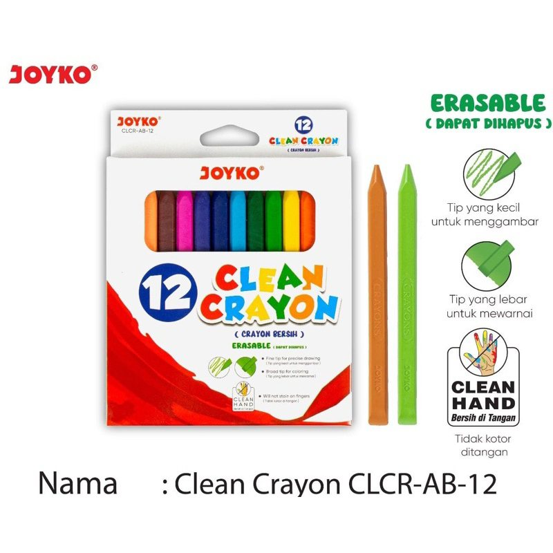 

NEW CLEAN CRAYON JOYKO CLCR AB-12 | KRAYON RAMAH ANAK | BISA DIHAPUS | 12 Warna