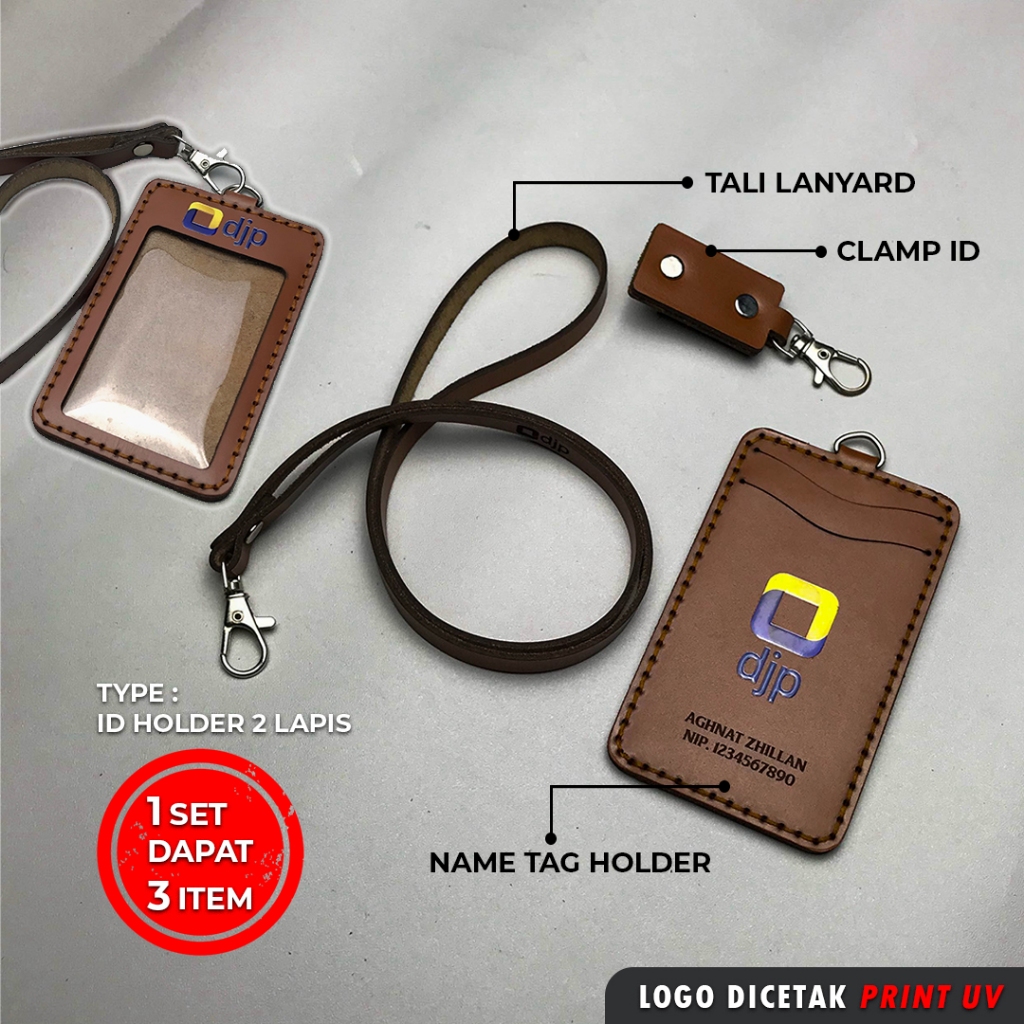 

ID CARD HOLDER KULIT PRINT UV BERWARNA NAME TAG KULIT CUSTOM NAMA LOGO PERUSAHAAN