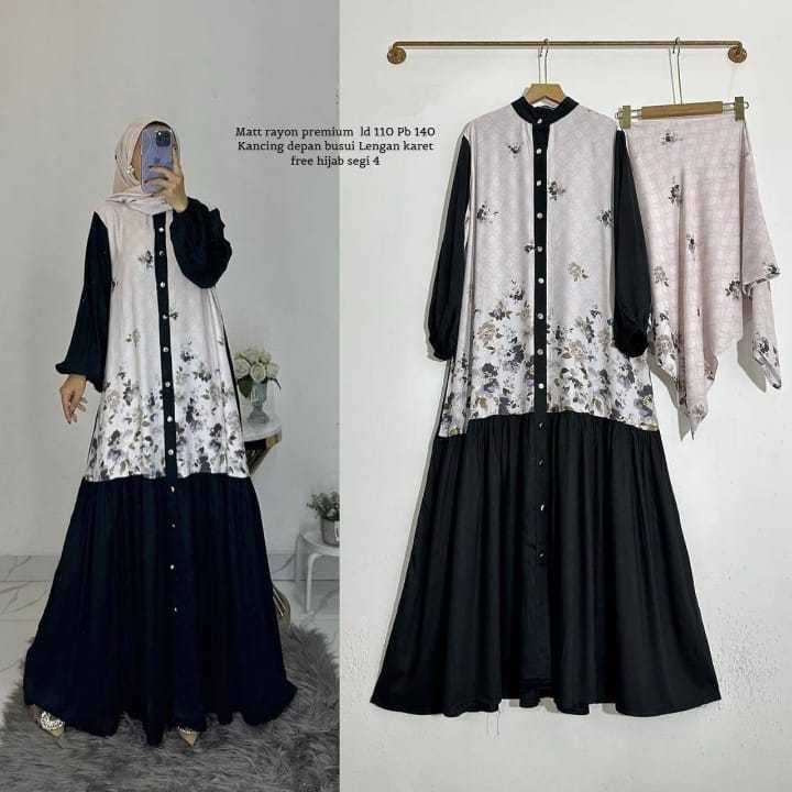 Set Gamis Dress+Hijab Segiempat Rayon Premium Polos Kombinasi Motif Bunga
