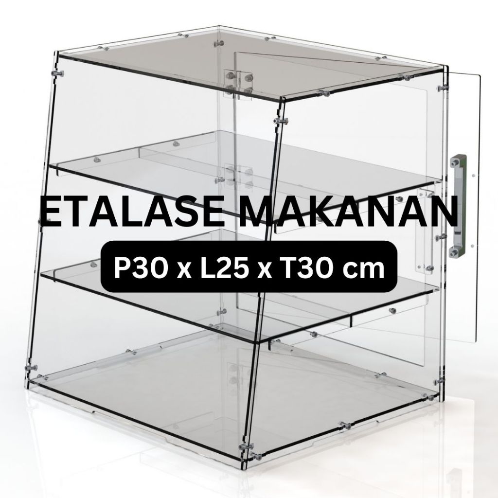 Etalase Display Makanan Sisi Depan Miring Rak Datar Pintu Magnet Ukuran P30xL25xT30