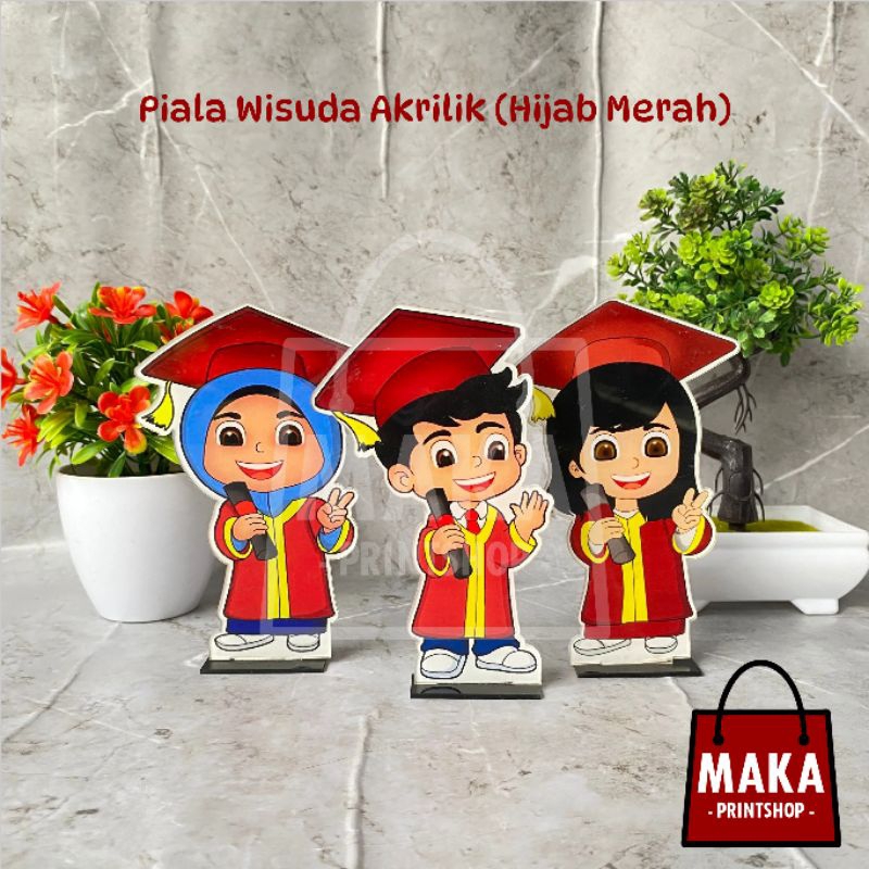 Piala Wisuda Akrilik (Hijab Merah) Akrilik Saja - Plakat Akrilik - Plakat Akrilik Wisuda - Hadiah Wisuda - Kado Graduation
