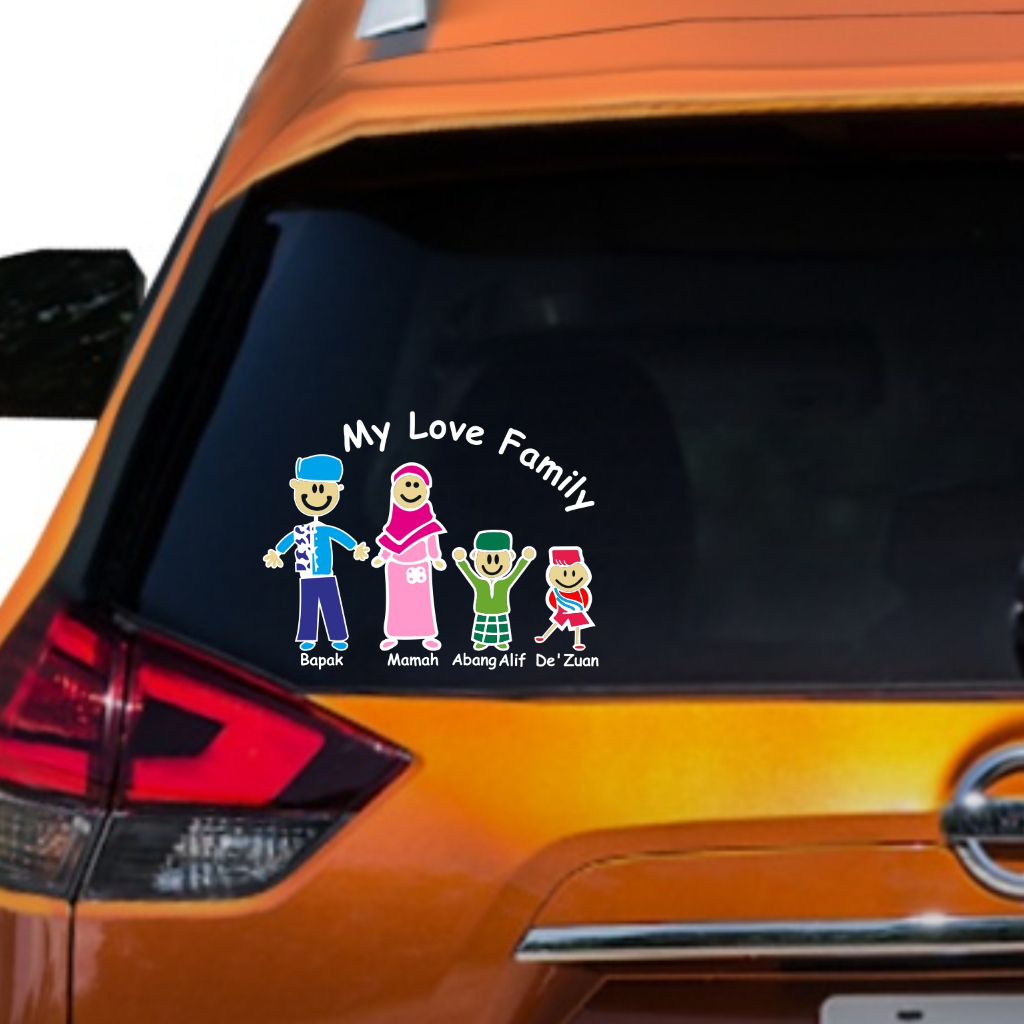 cutting mobil sticker happy family / happy muslim family karakter warna stiker kaca mobil unik lucu
