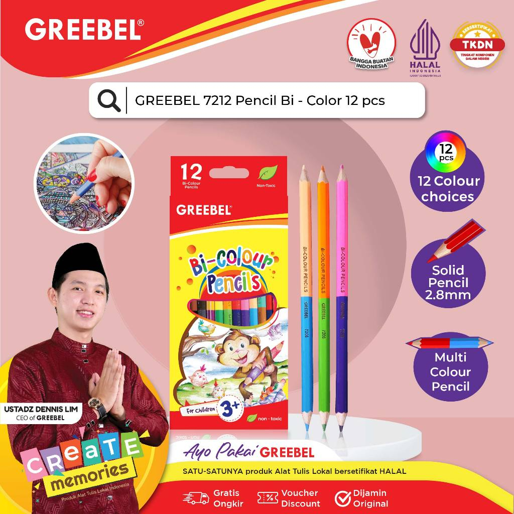 

GREEBEL Pensil Warna 7212 BI COLOUR ISI 12 /18 - Coloring / Colour Pencils Cerah tidak beracun utk mewarnai anak