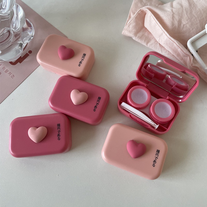 wadah softlens travel dengan kaca cermin dan alat pasang capitan warna pink hati lucu korean style w