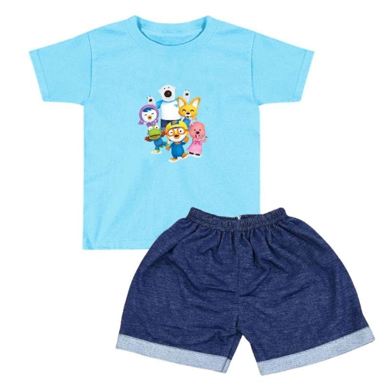 Setelan kaos anak laki-laki PORORO set kaos celana anak PORORO kaos anak PORORO celana denim anak se