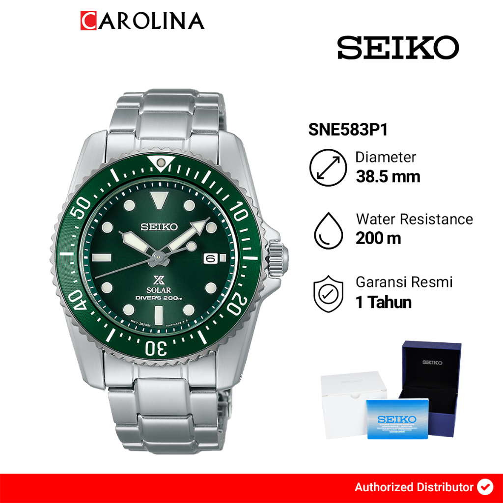 Jam Tangan Pria Seiko Prospex SNE583P1 Solar Divers 200M Green Dial Stainless Steel Strap