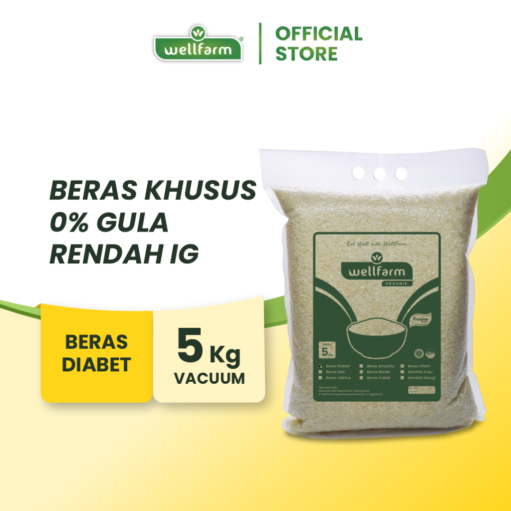 

WellFarm Beras Diabetes Organik Sugar Free Low GI, Beras Diabet WellFarm, Kemasan Vacuum 5Kg