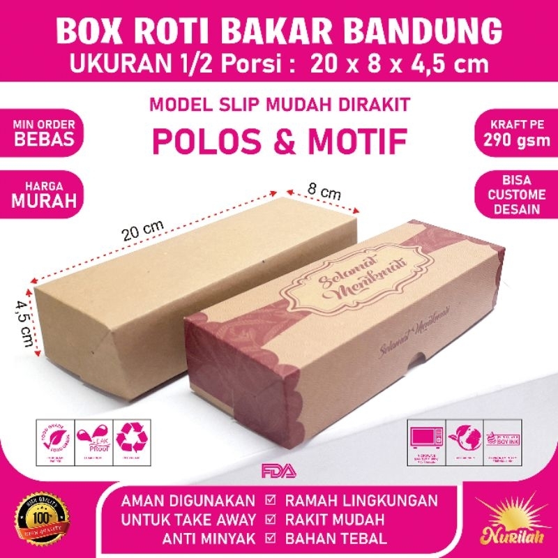 

box Roti Bakar 1/2 Porsi ukuan 20x8x4,5cm, dus roti bakar anti minyak