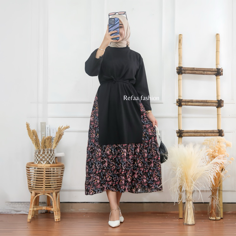 Luppy midi dress wanita kombinasi motif rayon bunga // dres knit fashion kekinian