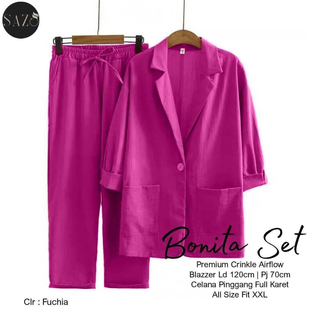 Setelan Blazer LD 120 Dan Celana Panjang Bonita Oneset Bahan Crinckle Fashion Wanita Modern