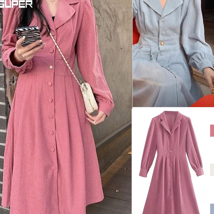 Star Seller Gaun korduroi Prancis lengan panjang setelan retro kerah pinggang rok panjang sedang