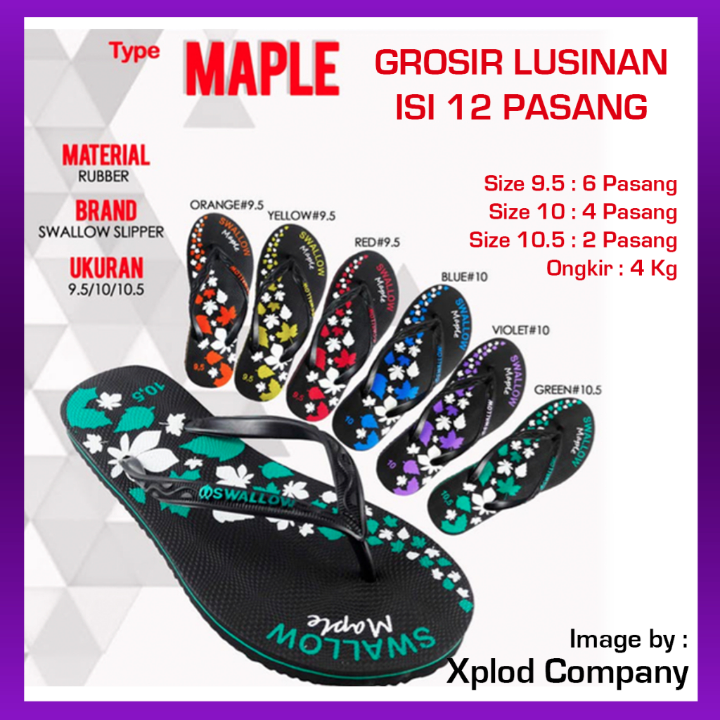 (12 Pasang) Grosir Lusinan Sandal Swallow Maple Wanita Ukuran Seri 9.5 – 10.5 Swallow Grosiran