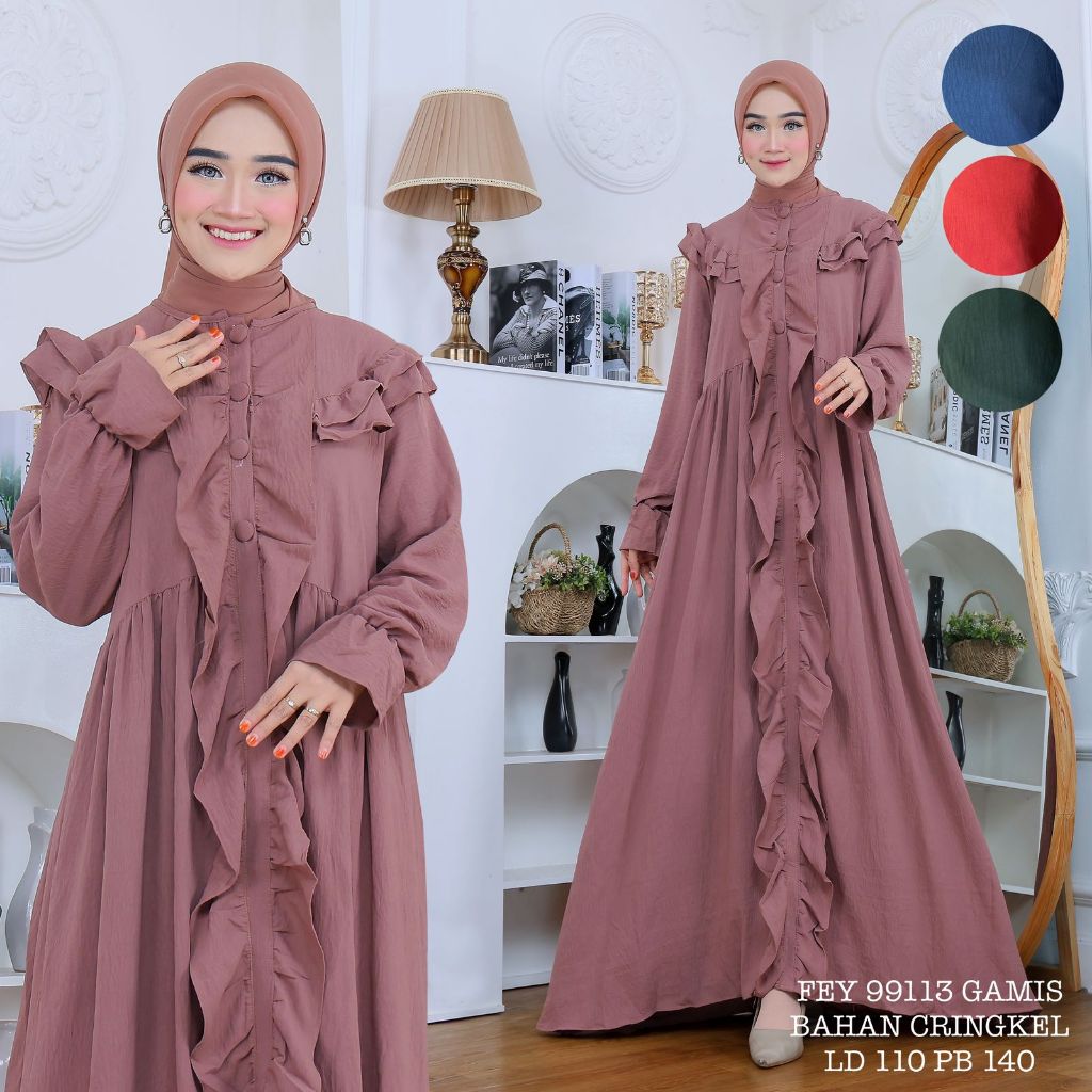 FEY 99113 (isi 2) ASYA Gamis Cringkel Serut Dada Kancing Bungkus Lebar Mayung Premium Polos Home Dre